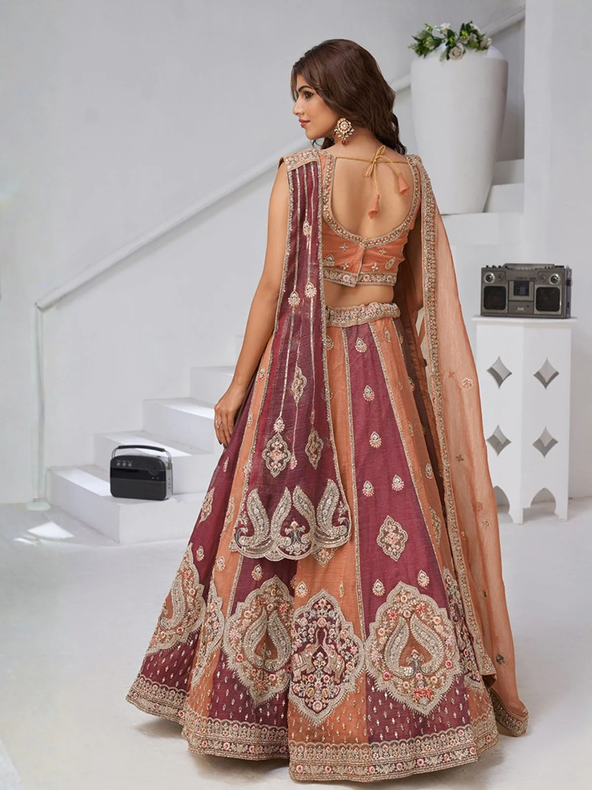 Odette Rust Georgette Tissue Embroidered Semi-Stitched Lehenga For Women - Image 2