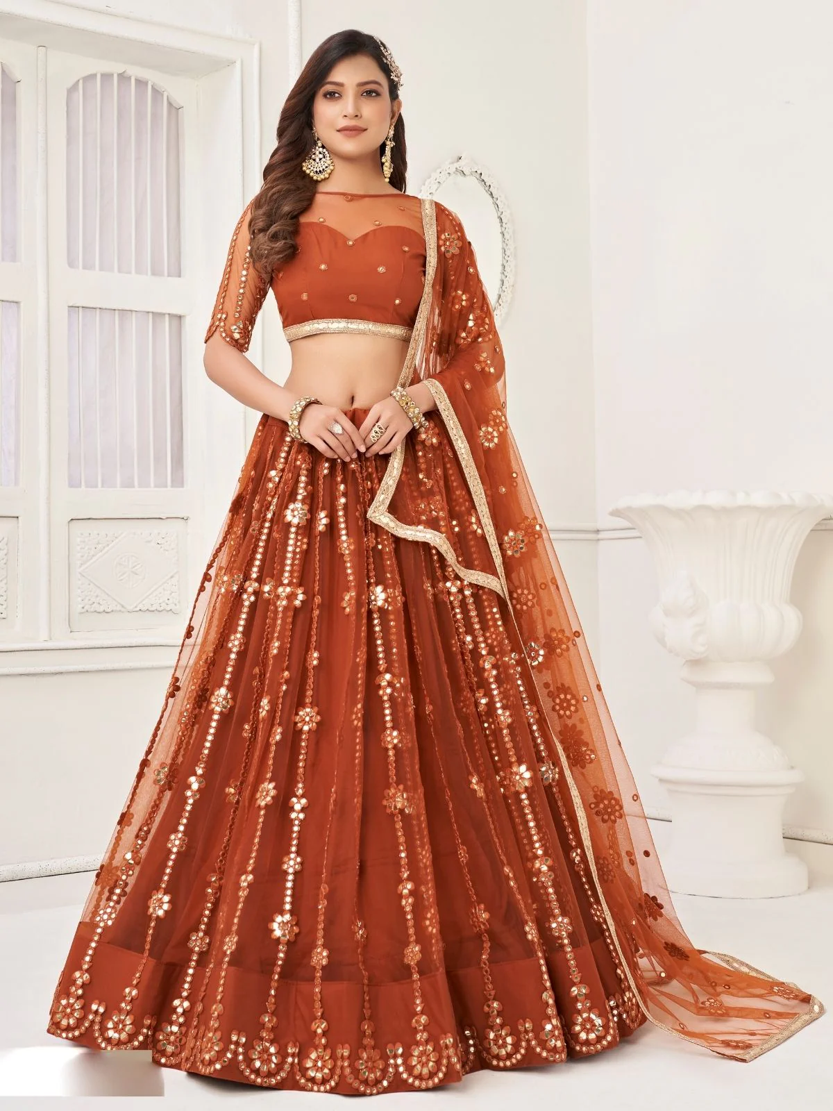 Odette Rust Net Embroidered Semi Stitched Lehenga For Women - Image 2