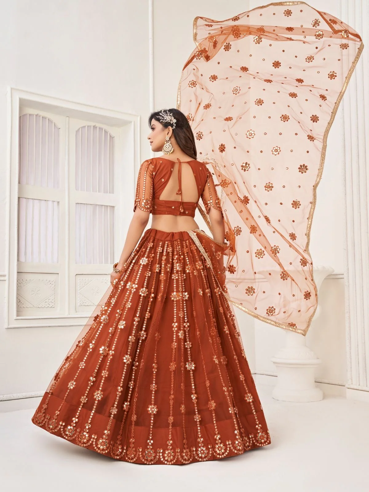 Odette Rust Net Embroidered Semi Stitched Lehenga For Women - Image 3