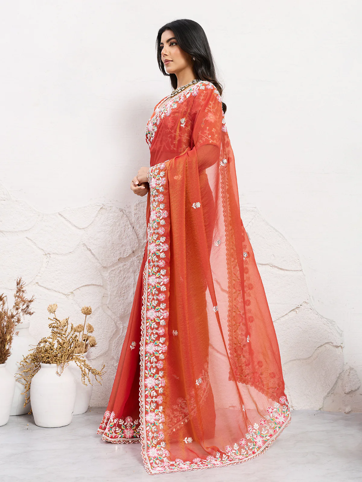 Odette Rust Orange Chiffon Embroidered Saree For Women - Image 2