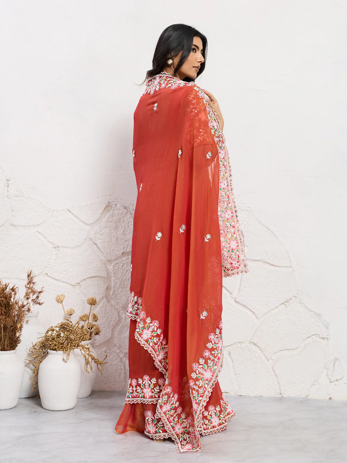 Odette Rust Orange Chiffon Embroidered Saree For Women - Image 3