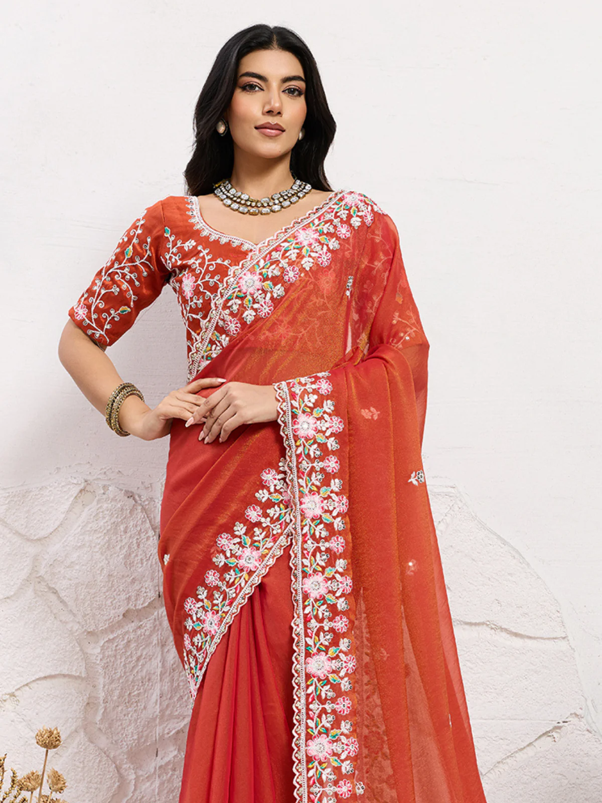 Odette Rust Orange Chiffon Embroidered Saree For Women - Image 4