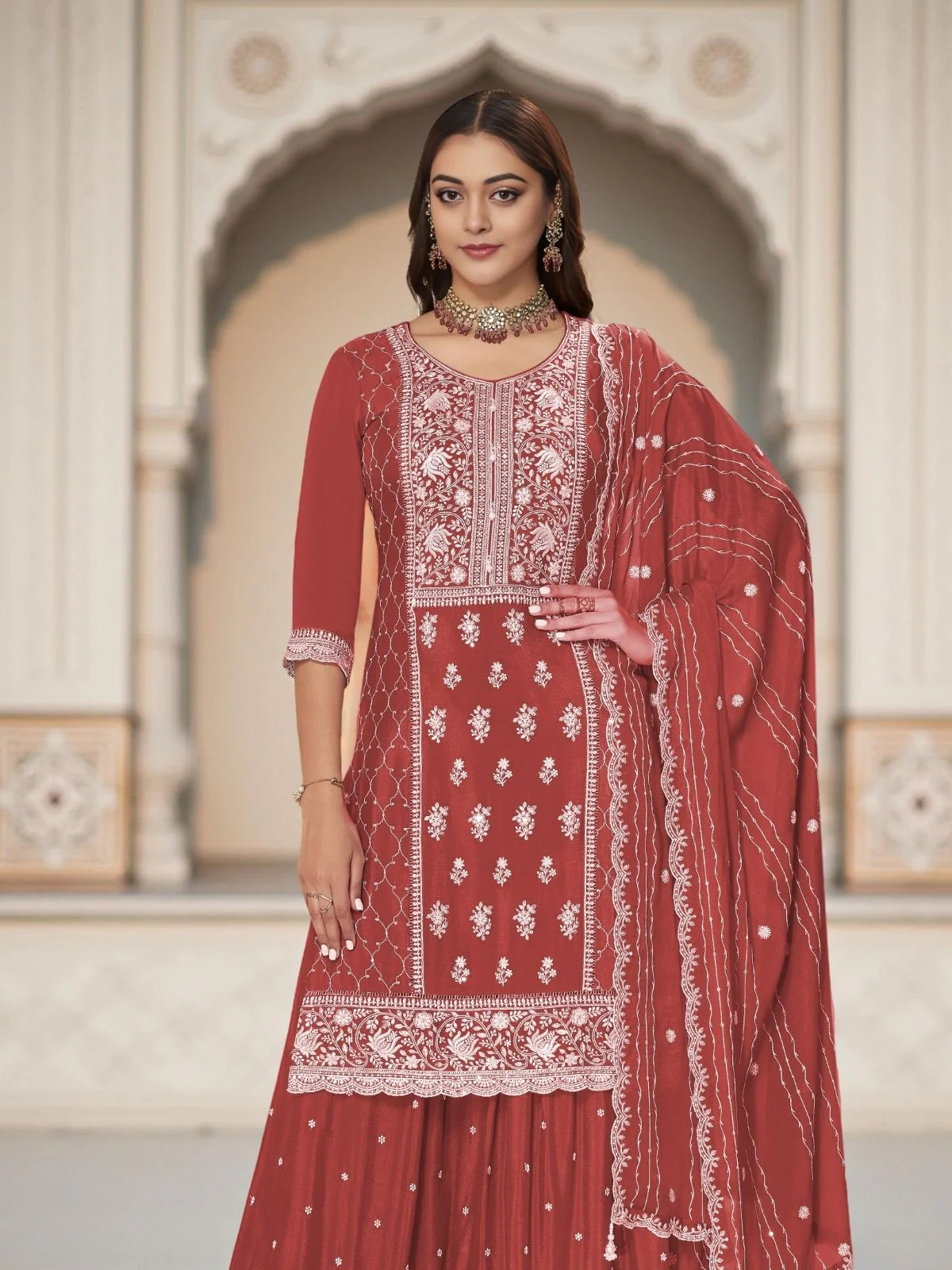 Odette Rust Orange Chinon Embroidered Stitched Kurta Set For Women - Image 4