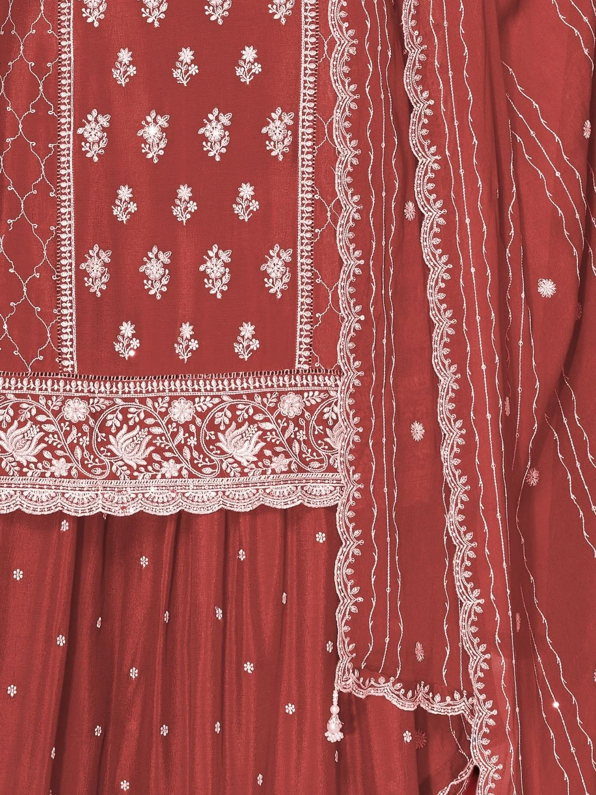 Odette Rust Orange Chinon Embroidered Stitched Kurta Set For Women - Image 5