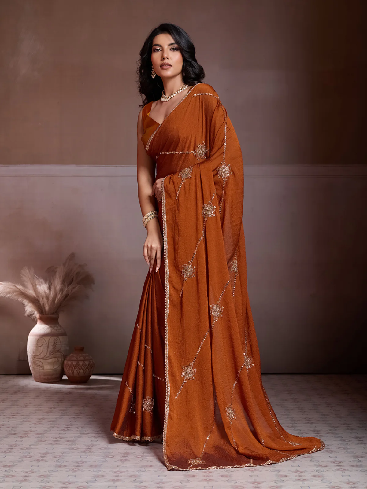 Odette Rust Orange Silk Blend Embroidered Saree For Women - Image 2