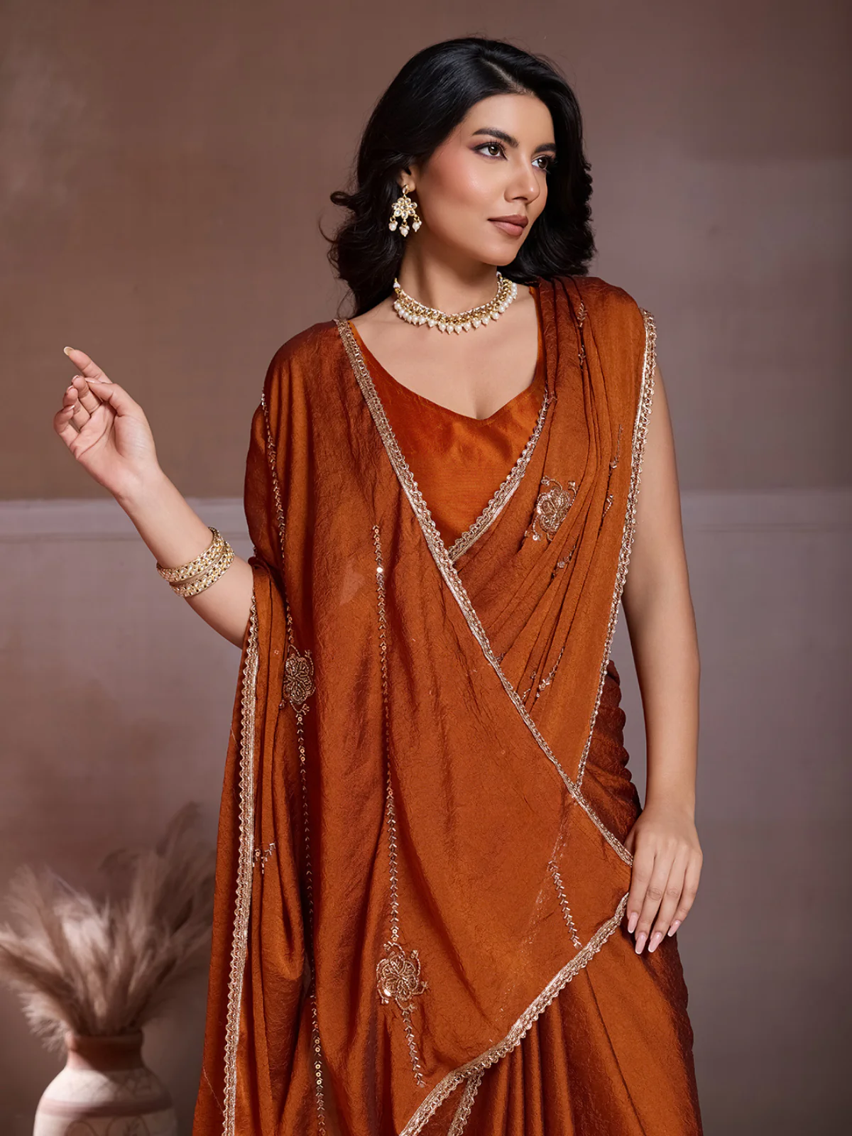 Odette Rust Orange Silk Blend Embroidered Saree For Women - Image 4