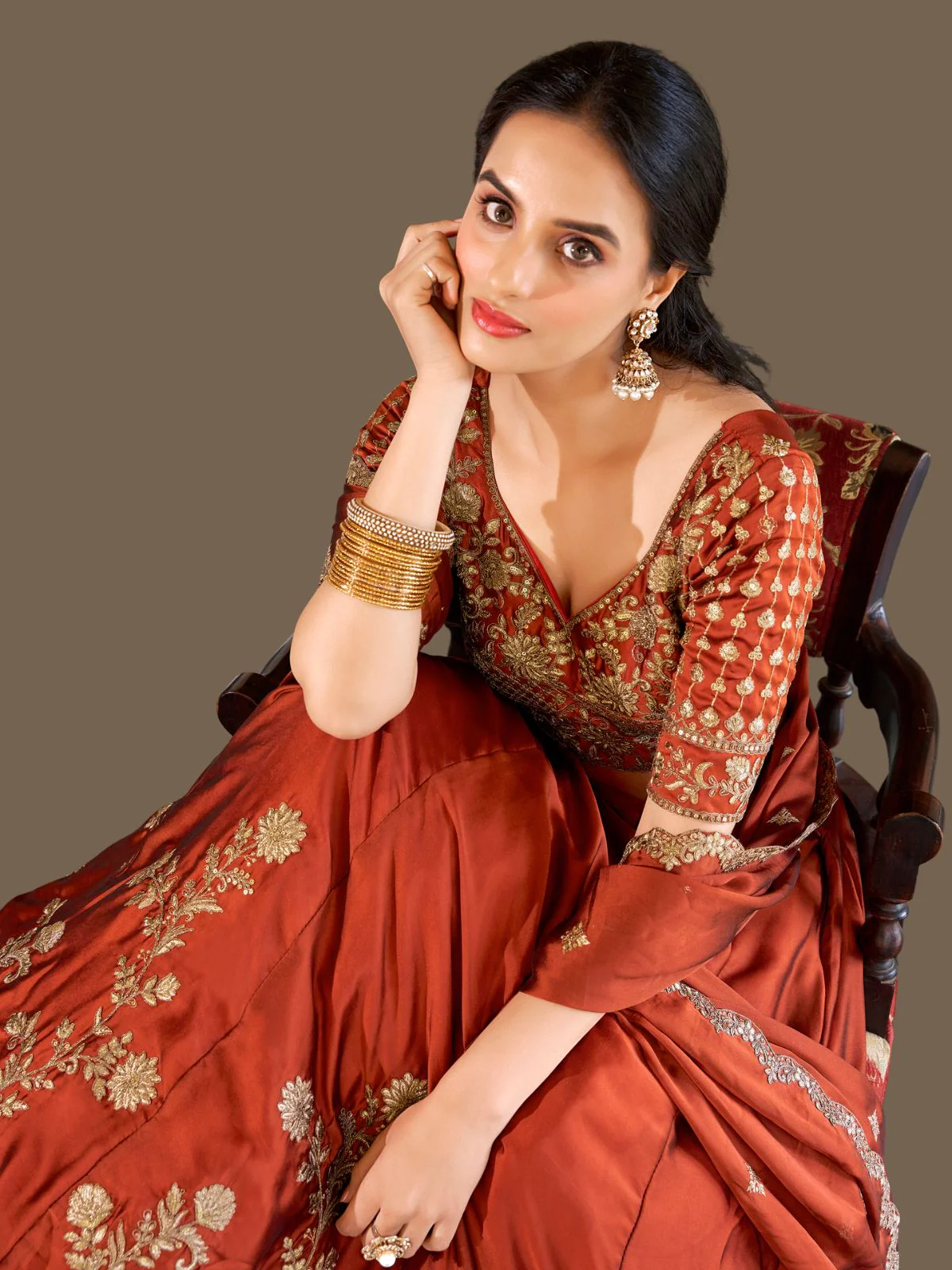 Odette Rust Orange Silk Semi Stiched Lehanga For Women - Image 4