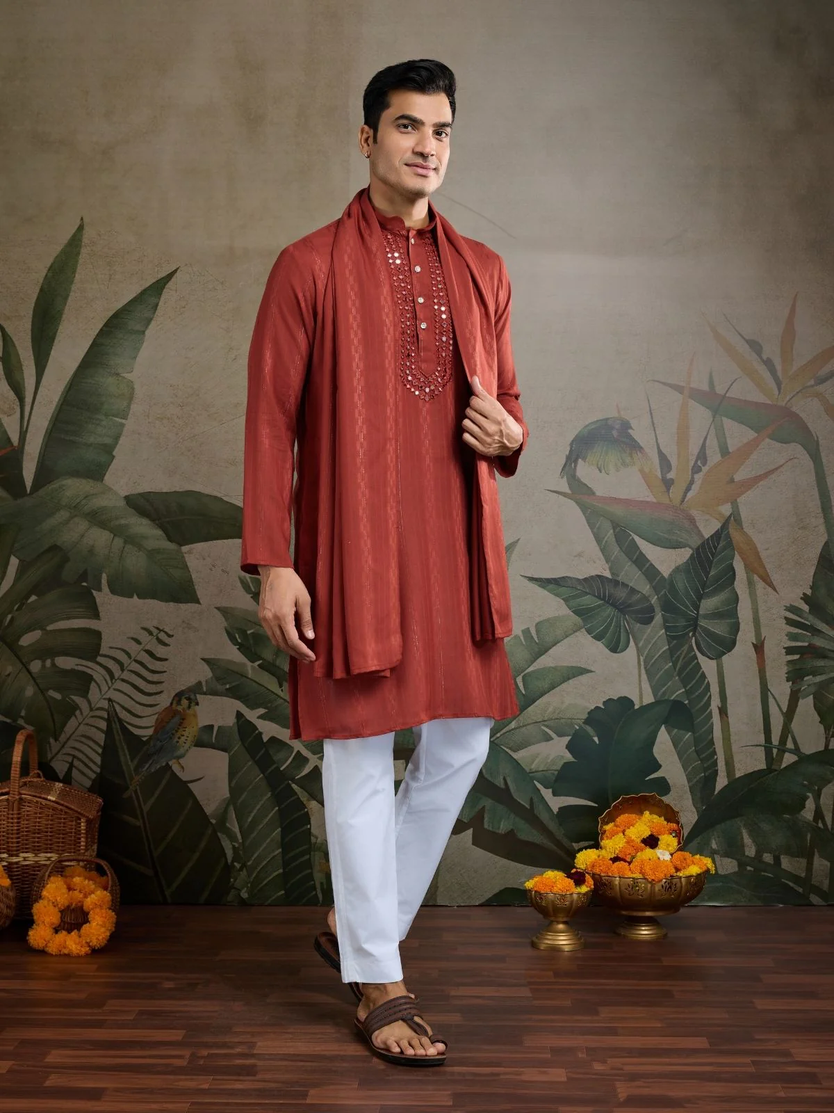 Odette Rust Orange Viscose Rayon Embellished Stitched Kurta For Men - Image 2