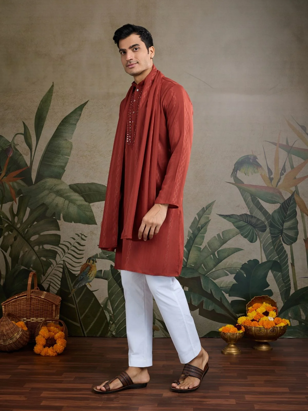Odette Rust Orange Viscose Rayon Embellished Stitched Kurta For Men - Image 3