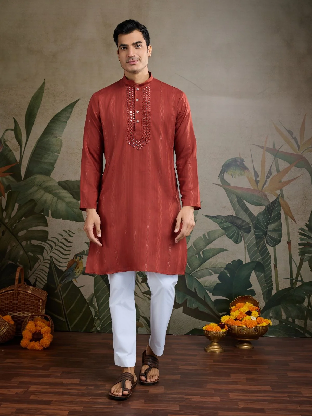 Odette Rust Orange Viscose Rayon Embellished Stitched Kurta For Men - Image 4