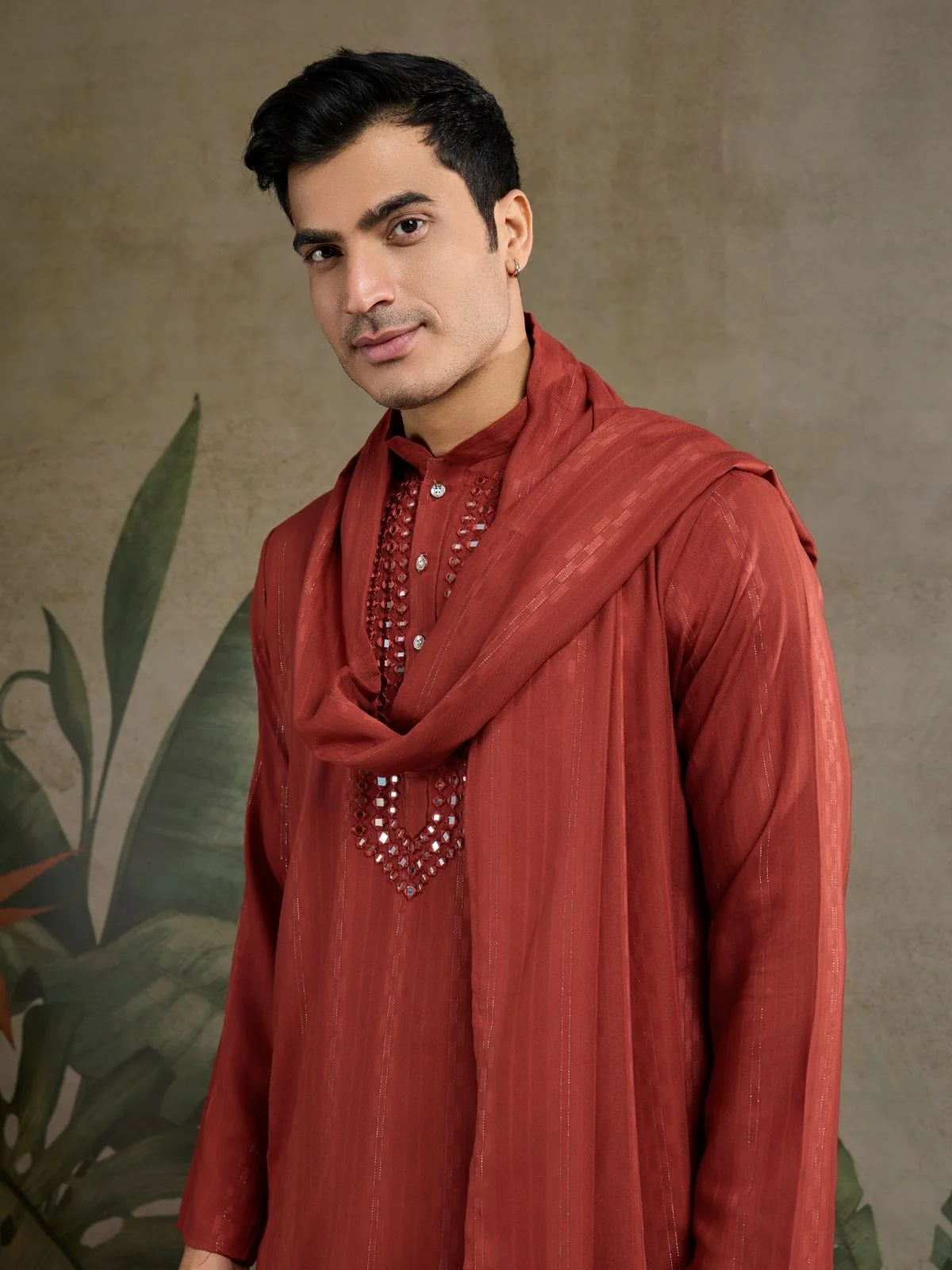 Odette Rust Orange Viscose Rayon Embellished Stitched Kurta For Men - Image 6