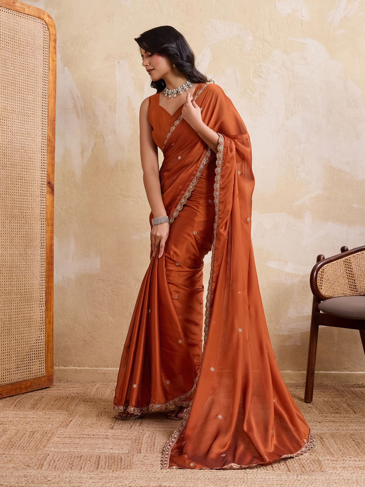 Odette Rust Silk Blend Embroidered Saree For Women - Image 2