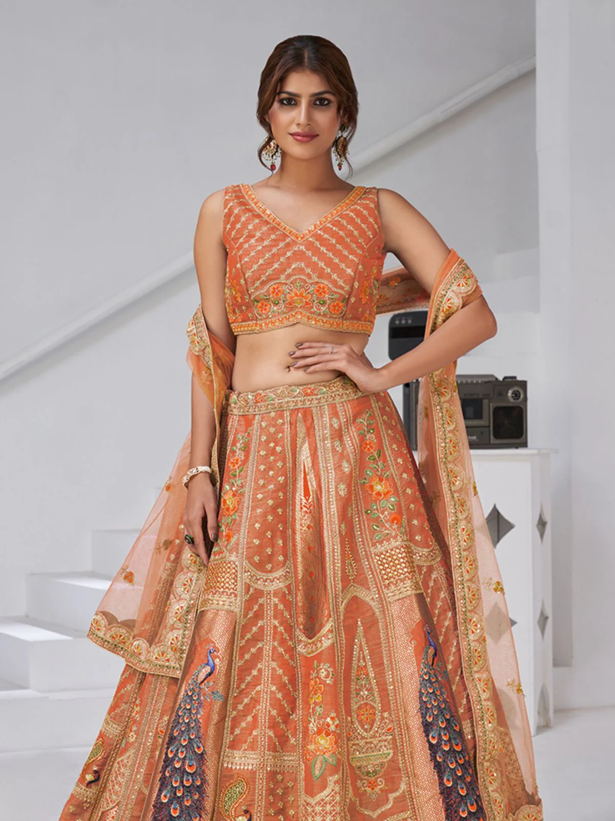 Odette Rust Silk Blend Embroidered Semi-Stitched Lehenga For Women - Image 2