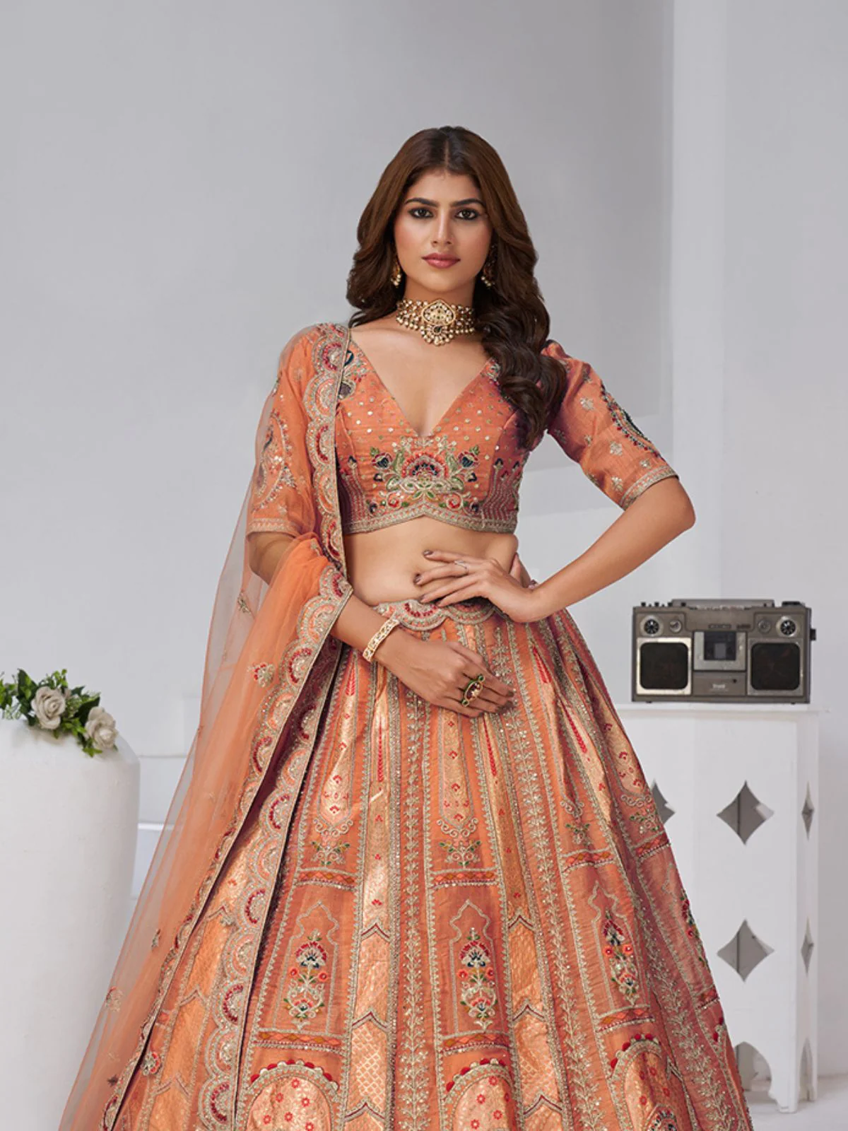 Odette Rust Silk Blend Embroidered Semi-Stitched Lehenga For Women - Image 3