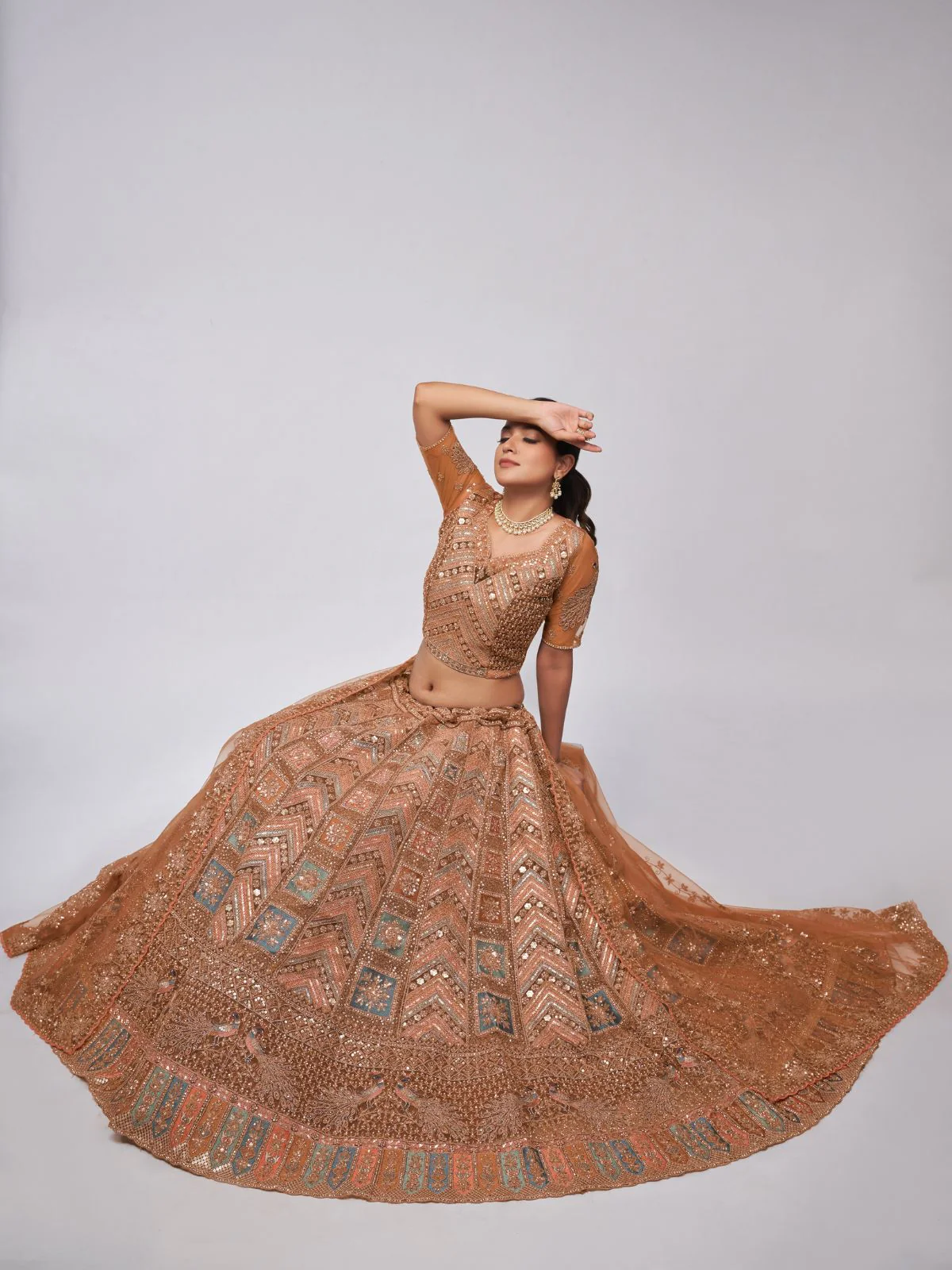 Odette Rust Color Soft Net Embroidered Semi Stitched Lehenga With Unstitched Blouse For Women - Image 2