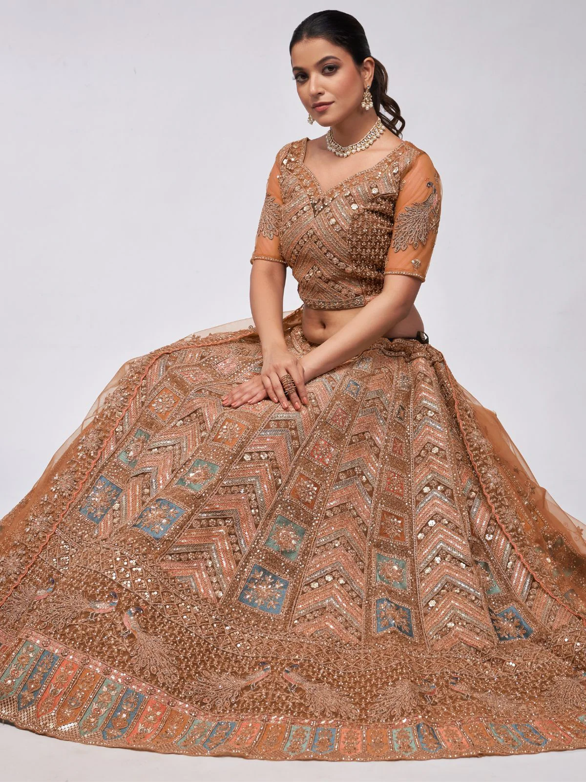 Odette Rust Color Soft Net Embroidered Semi Stitched Lehenga With Unstitched Blouse For Women - Image 3