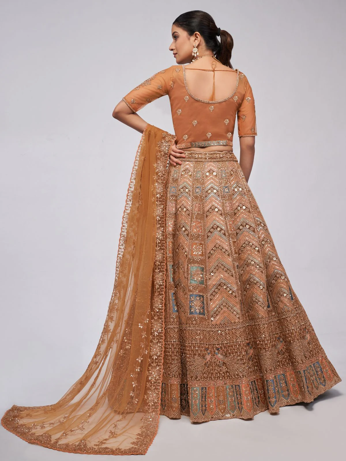 Odette Rust Color Soft Net Embroidered Semi Stitched Lehenga With Unstitched Blouse For Women - Image 5