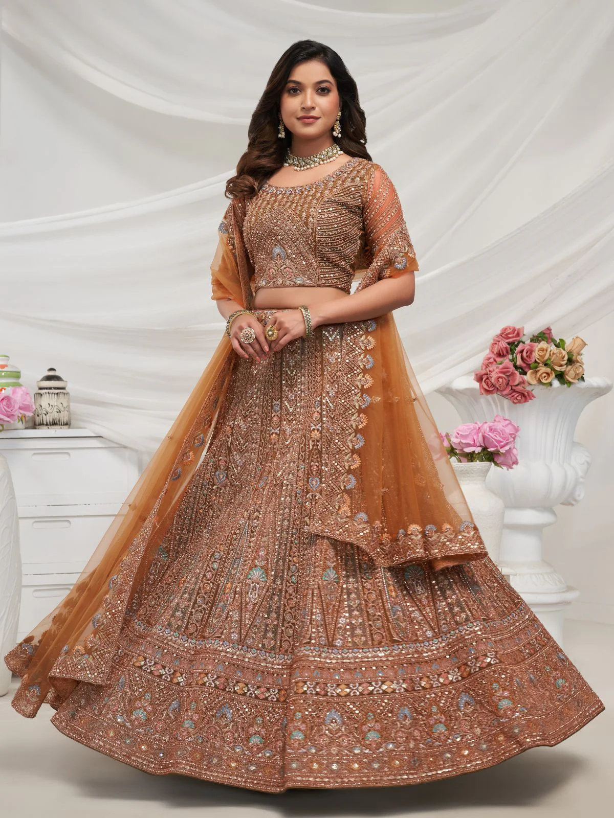 Odette Rust Soft Net Embroidered Semi Stitched Lehenga With Unstitched Blouse For Women - Image 3