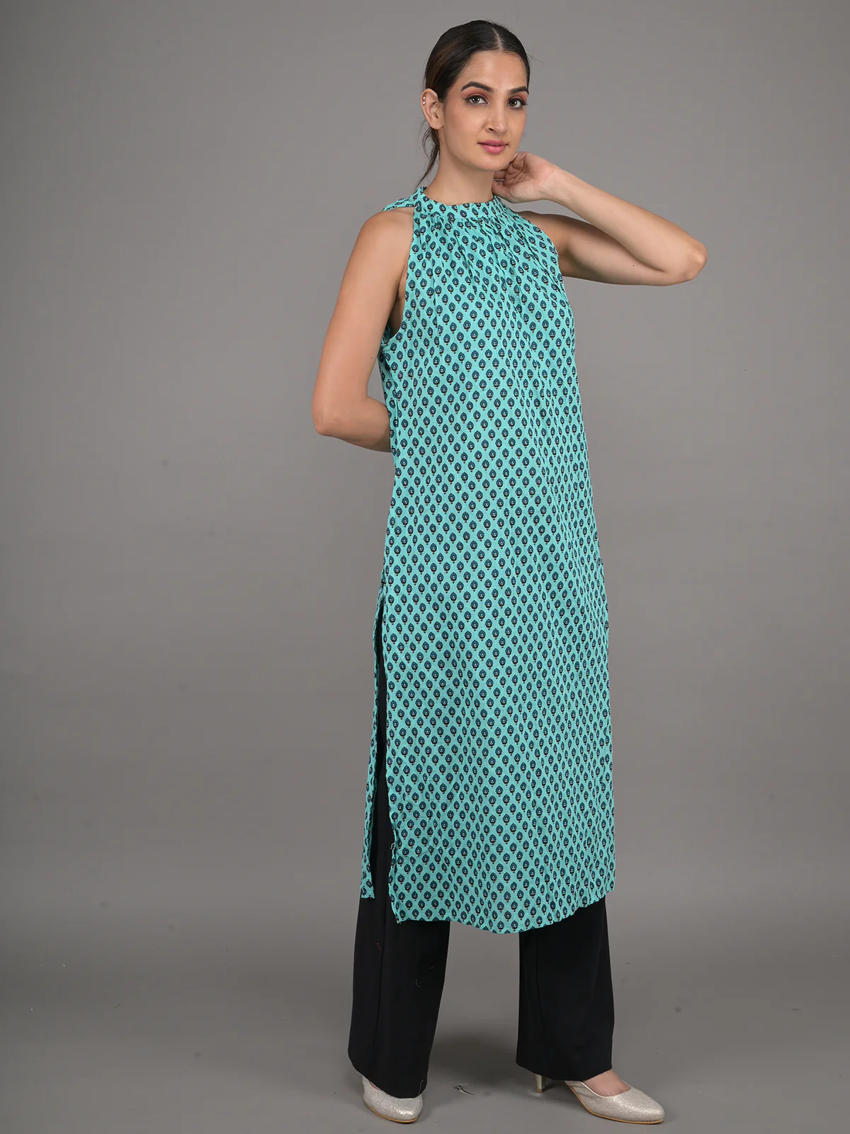 Odette Sea Blue Cotton Printed Stitched Kurta For Women - Image 2