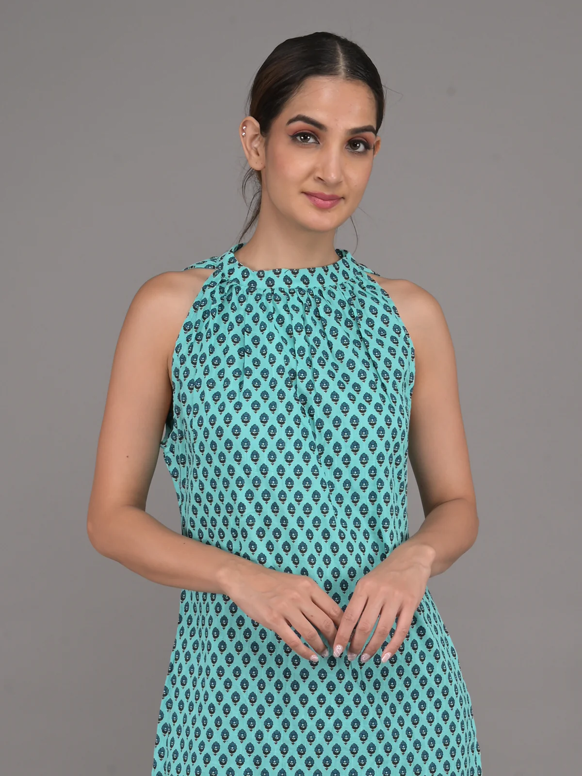 Odette Sea Blue Cotton Printed Stitched Kurta For Women - Image 4