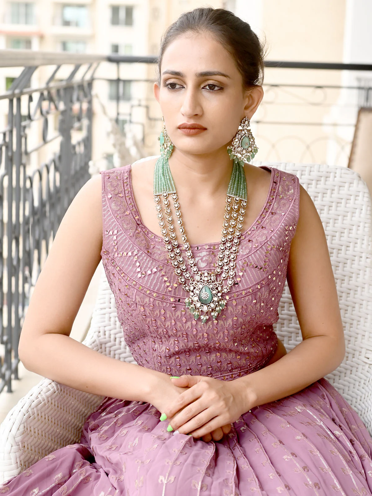 Odette Sea Green Alloy Embellished Gold-Plated Neckpiece Set For Women - Image 2