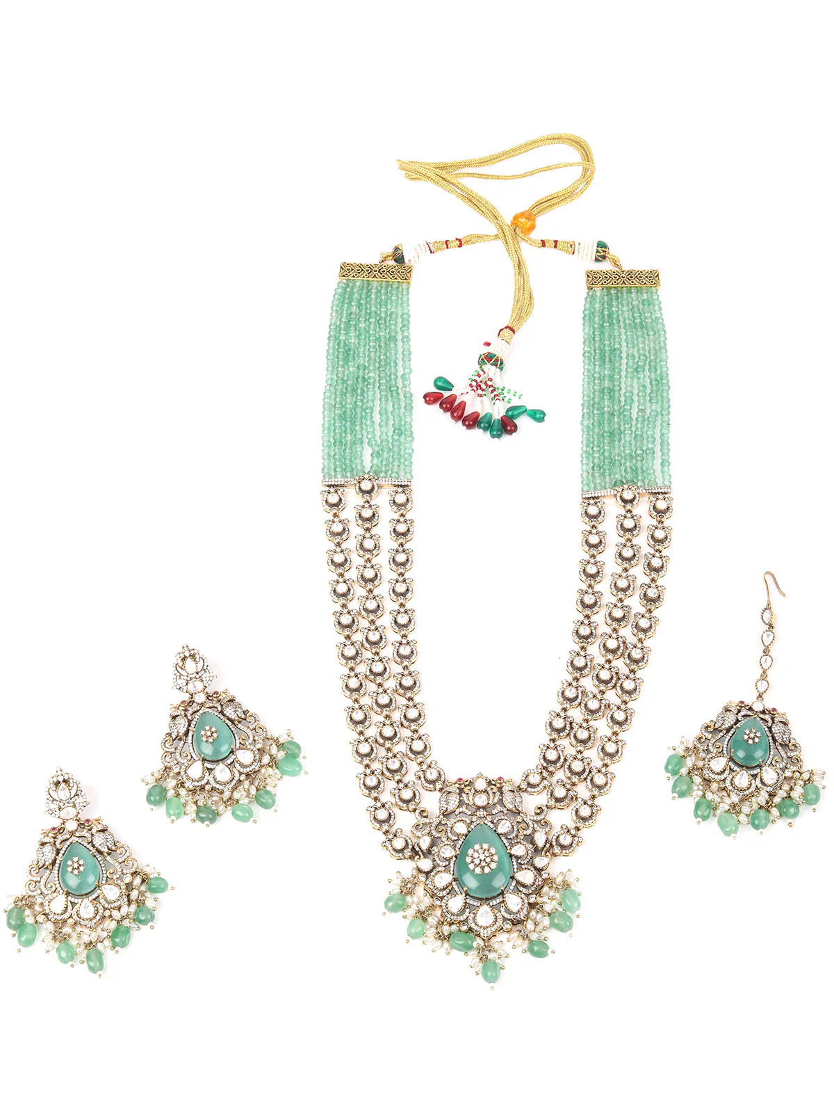 Odette Sea Green Alloy Embellished Gold-Plated Neckpiece Set For Women - Image 3