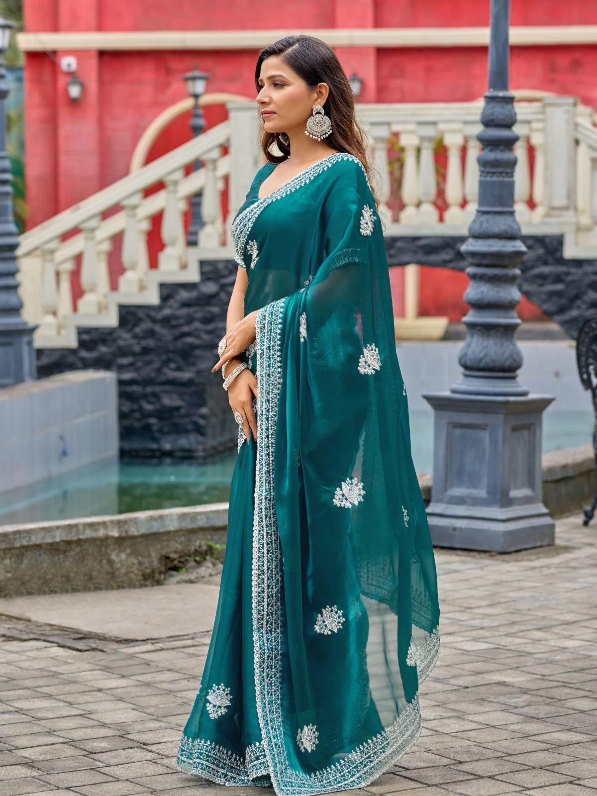Odette Sea Green Chiffon Embroidered Saree For Women - Image 2