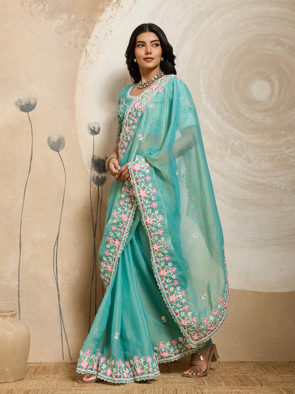 Odette Sea Green Chiffon Embroidered Saree For Women - Image 2
