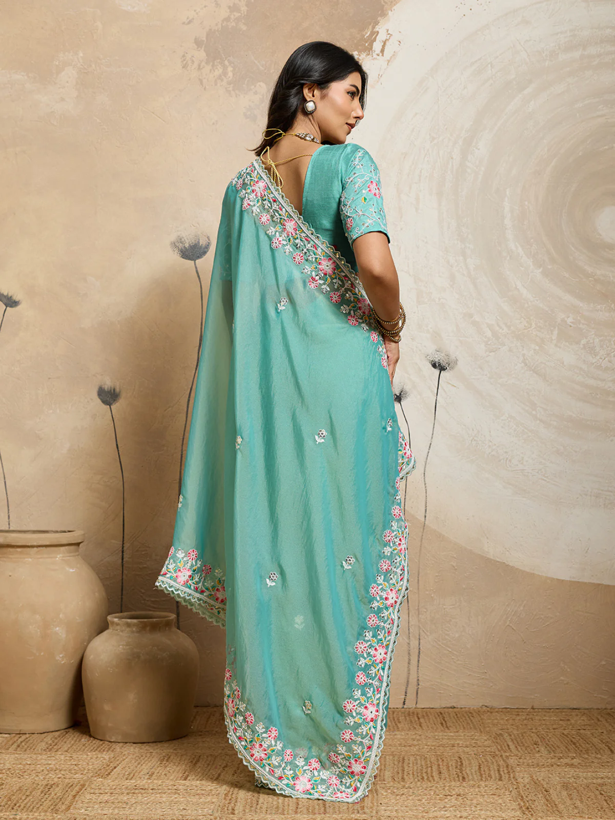 Odette Sea Green Chiffon Embroidered Saree For Women - Image 3