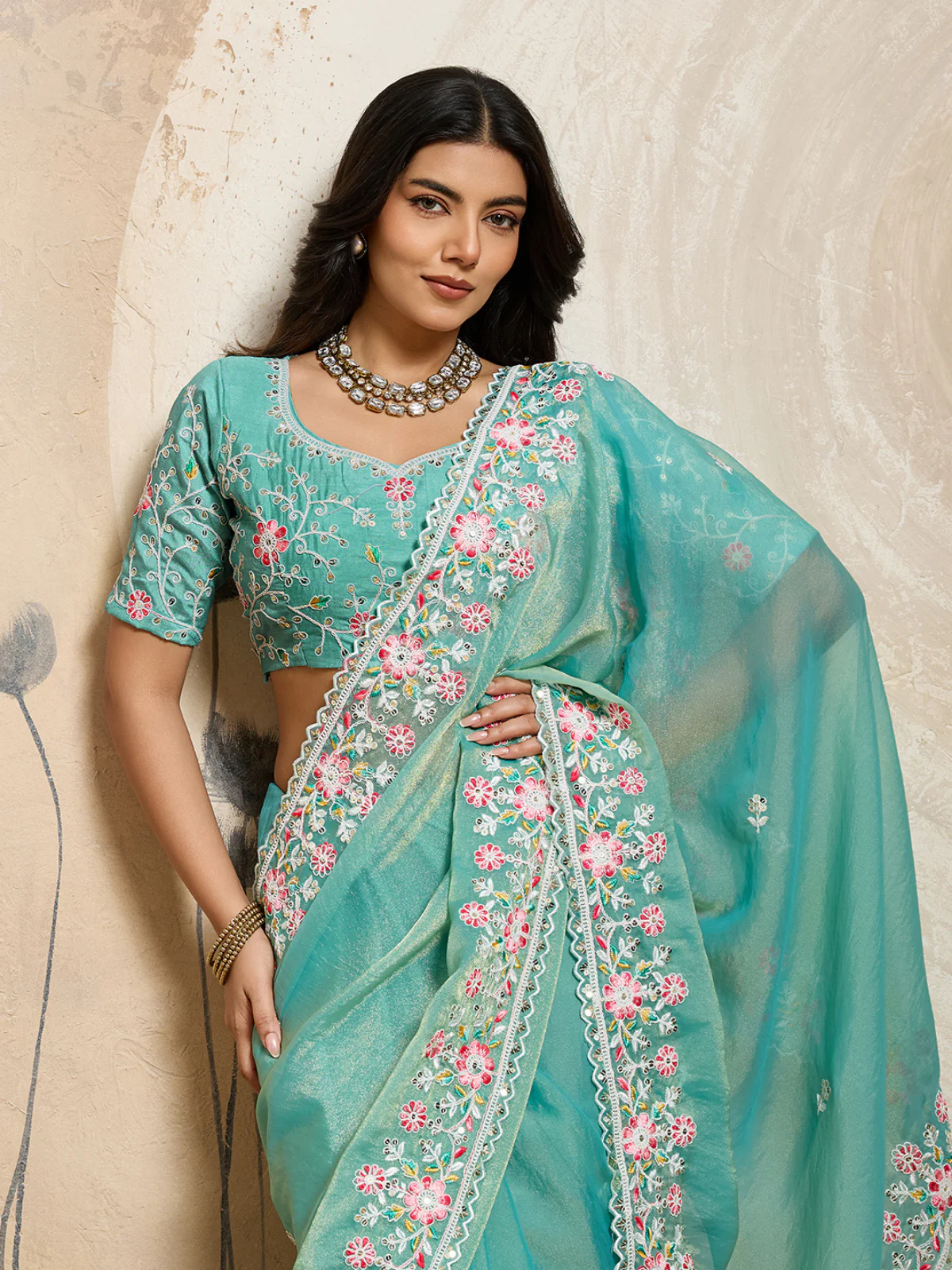 Odette Sea Green Chiffon Embroidered Saree For Women - Image 4
