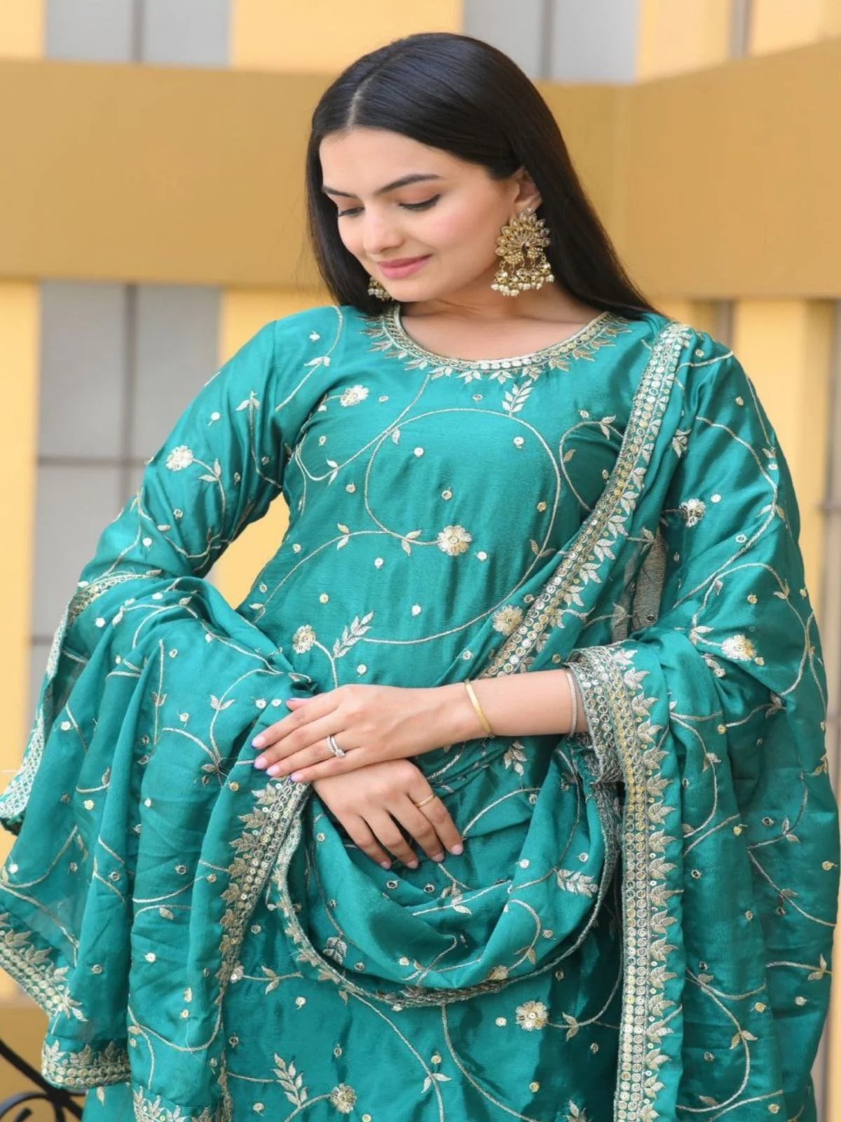 Odette Sea Green ChinonÂ Embroidered Stitched Kurta Set For Women - Image 3