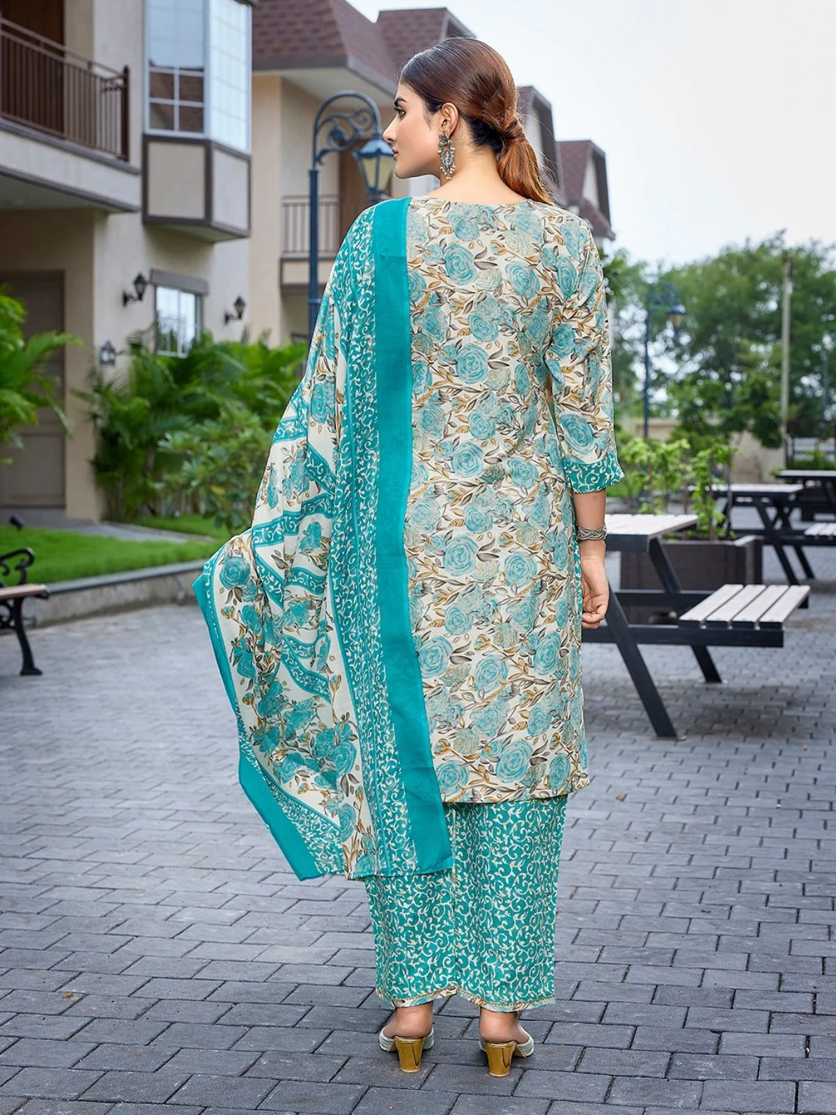 Odette Sea Green Cotton Blend Printed Stiched Kurta Set For Women - Image 3