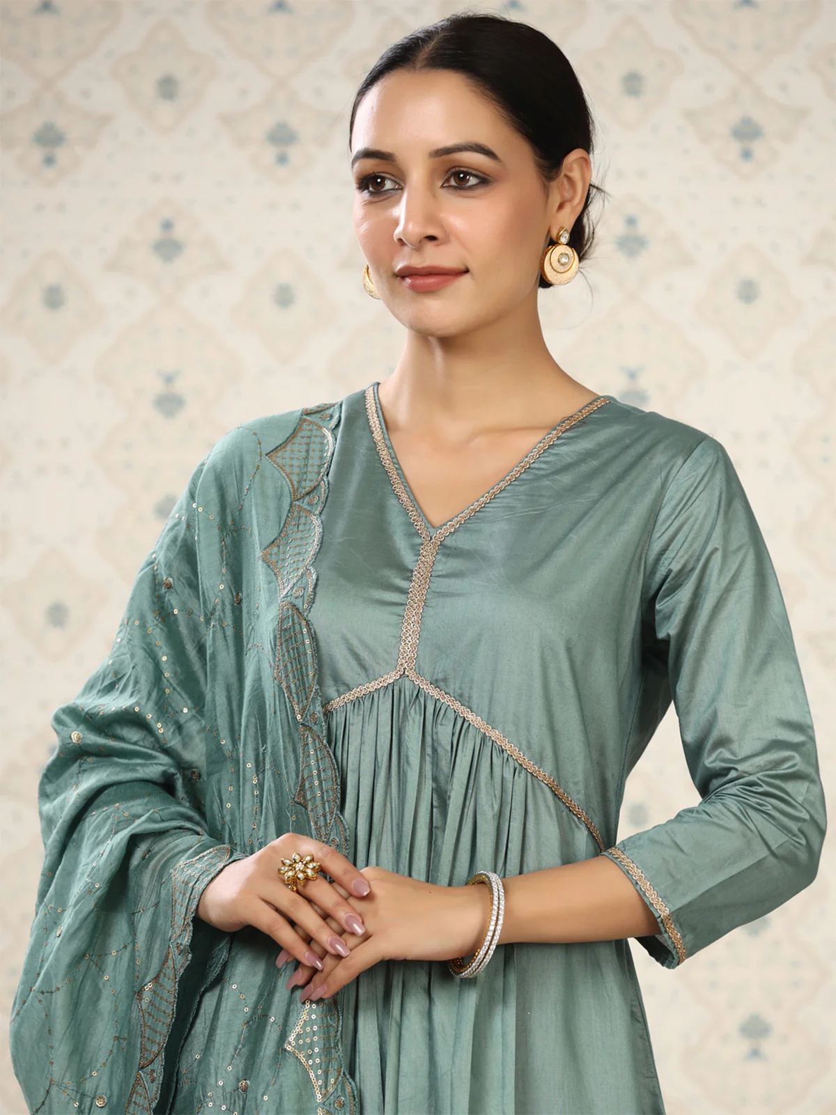 Odette Sea Green Cotton Front Yoke Gathered Stitched Kurta Set For Women - Image 4