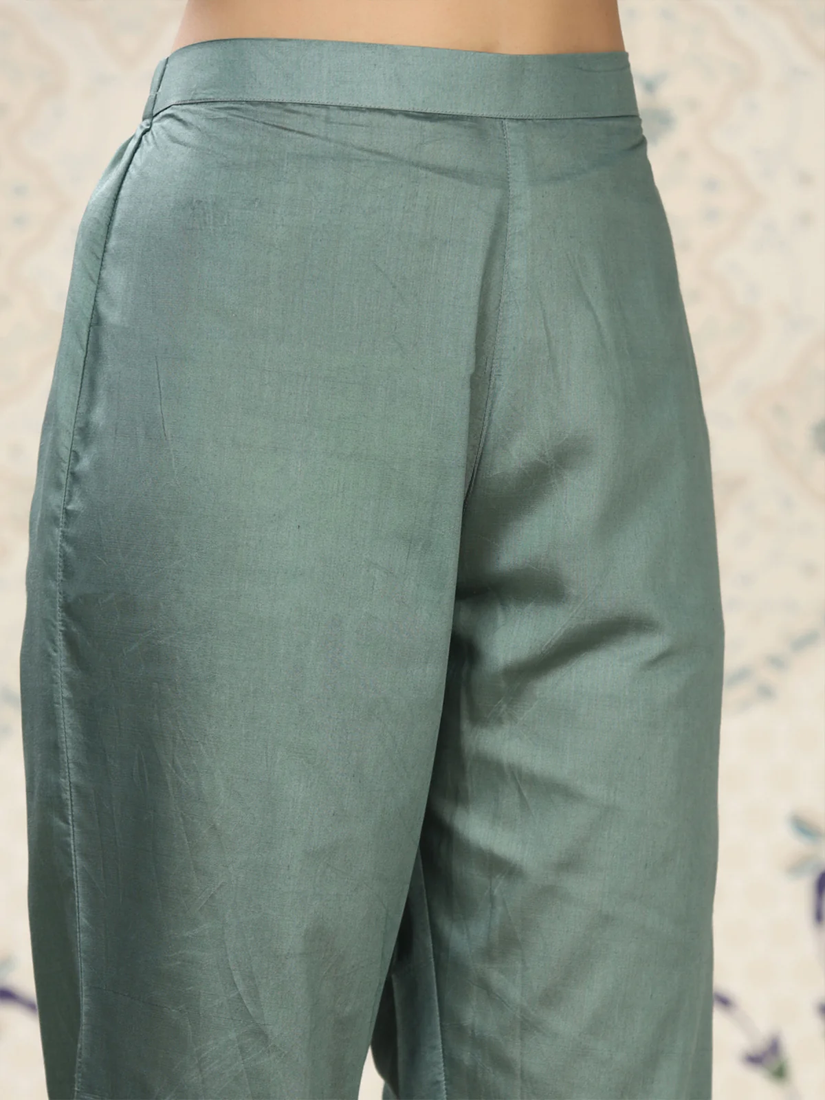 Odette Sea Green Cotton Front Yoke Gathered Stitched Kurta Set For Women - Image 6