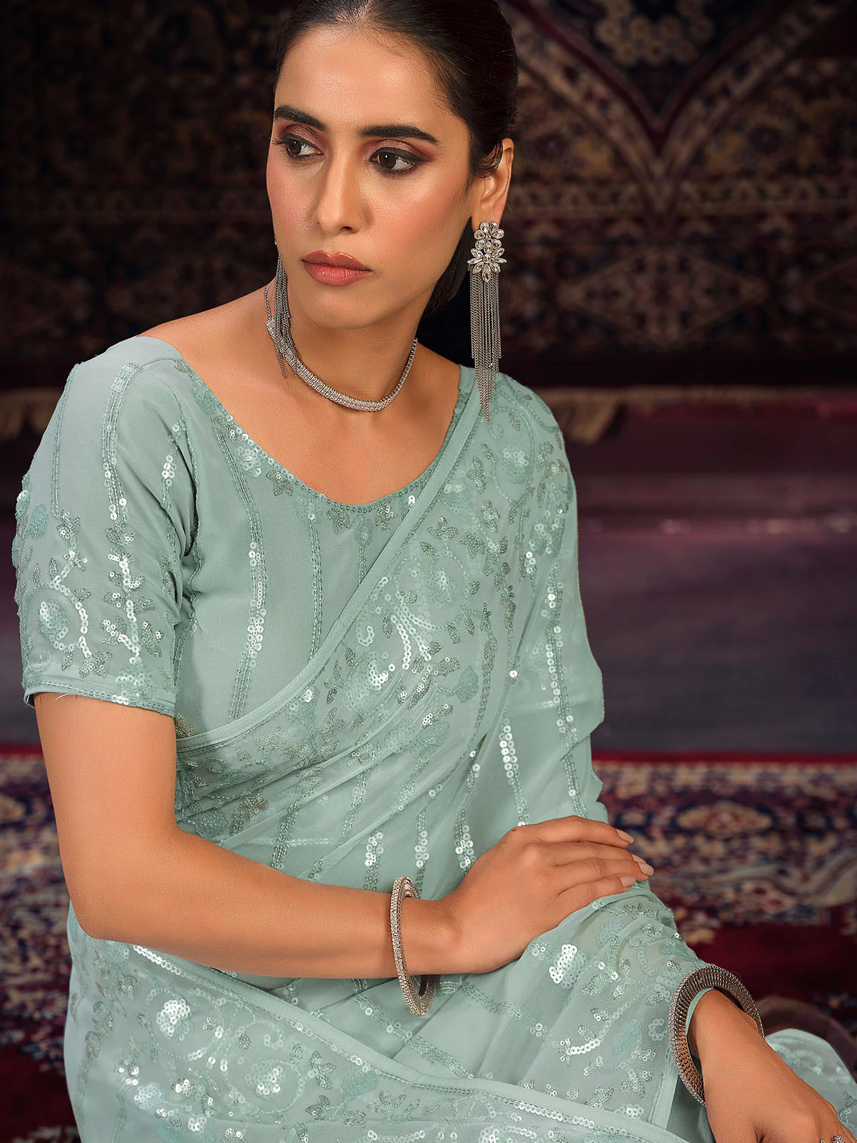 Odette Sea green Embellished Georgette Saree With unstitched Blouse For Women - Image 3