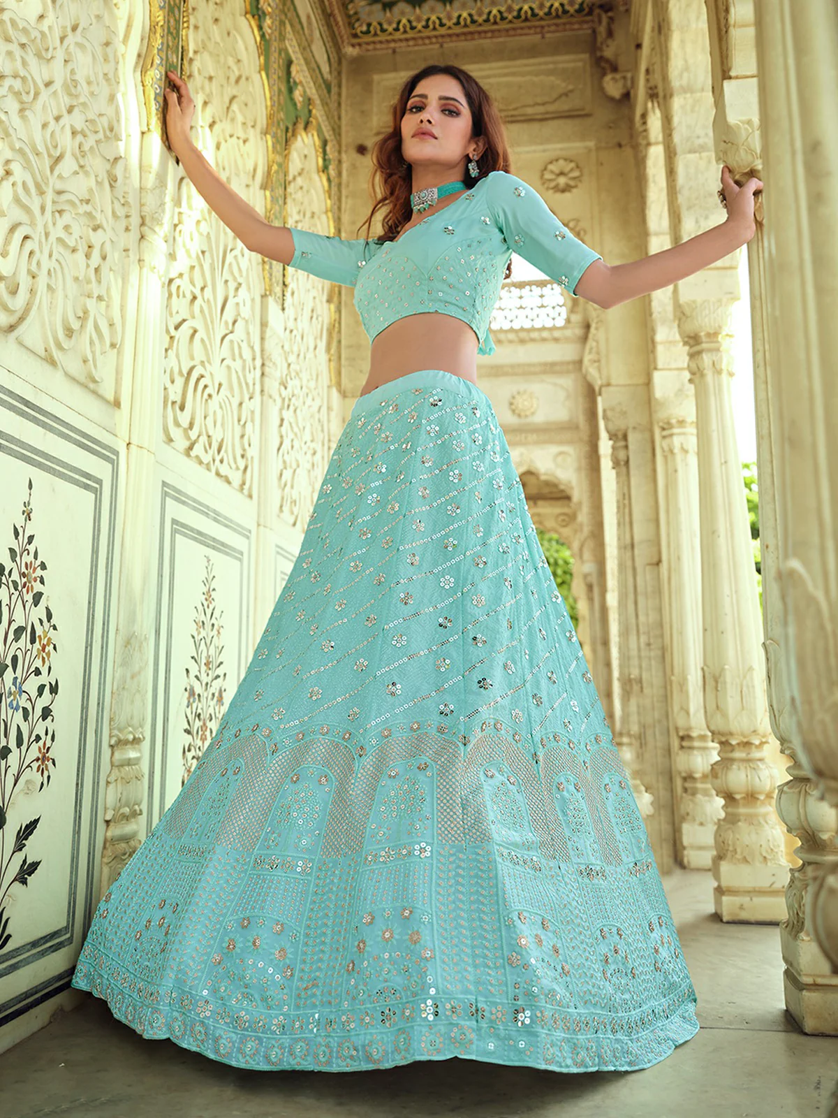 Odette Sea Green Embellished Georgette Semi Stitched Lehenga With Blouse For Women - Image 2