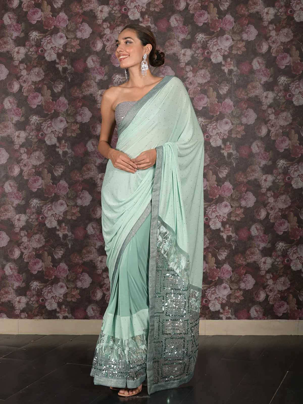 Odette Sea Green Embellished Lycra Saree with Unstitched Blouse for Women - Image 4