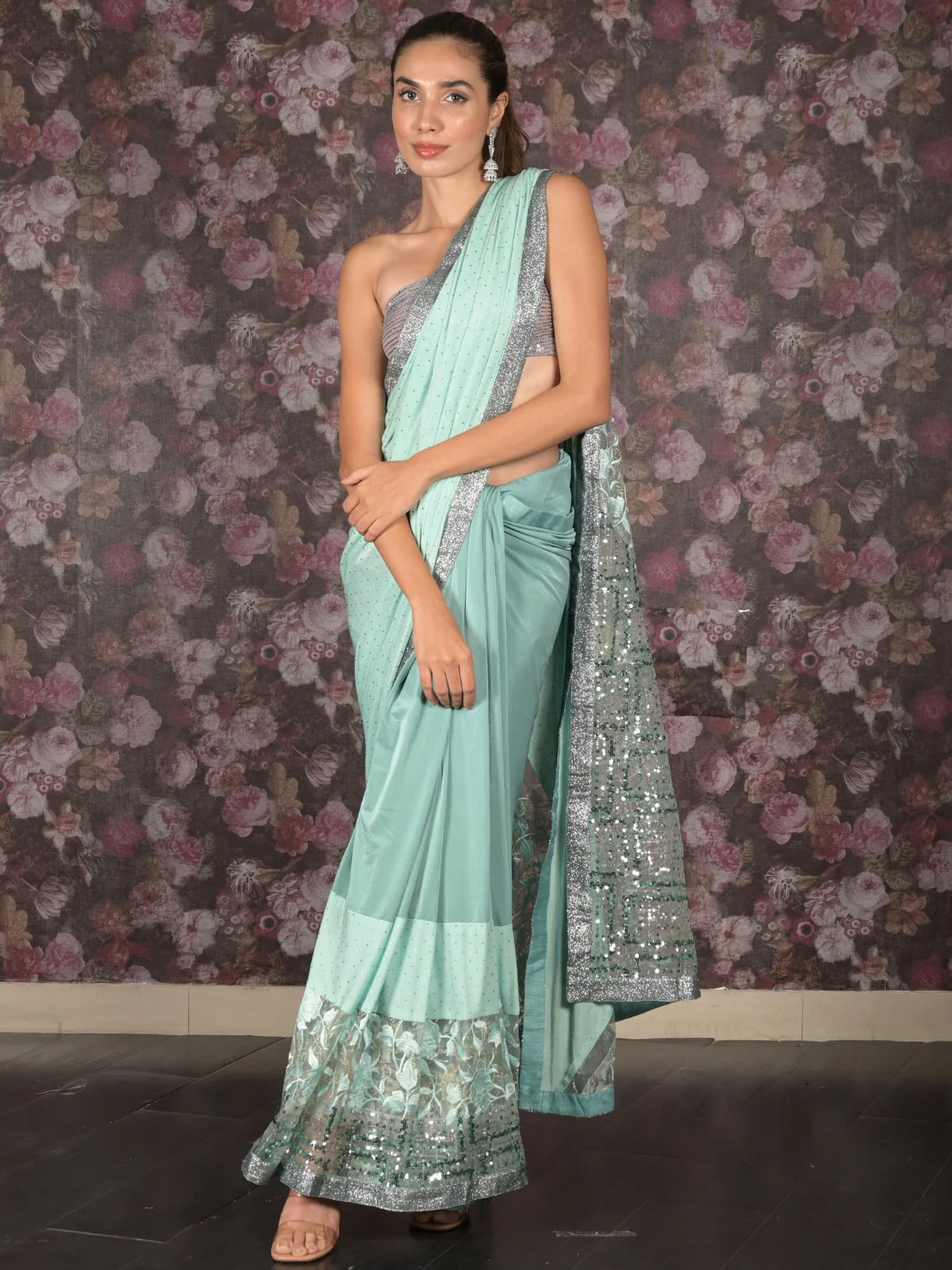 Odette Sea Green Embellished Lycra Saree with Unstitched Blouse for Women - Image 2