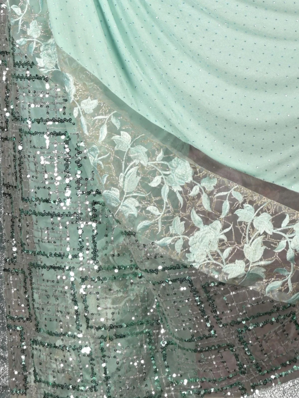 Odette Sea Green Embellished Lycra Saree with Unstitched Blouse for Women - Image 5