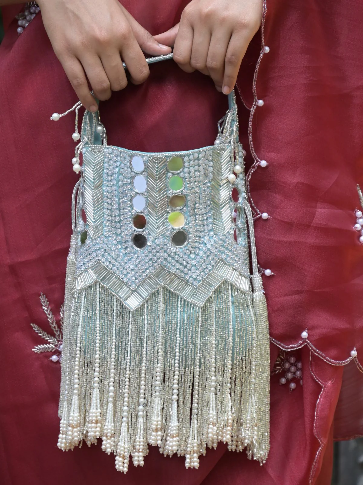 Odette Sea Green Embroidered Bridal Potli Bag For Women - Image 2