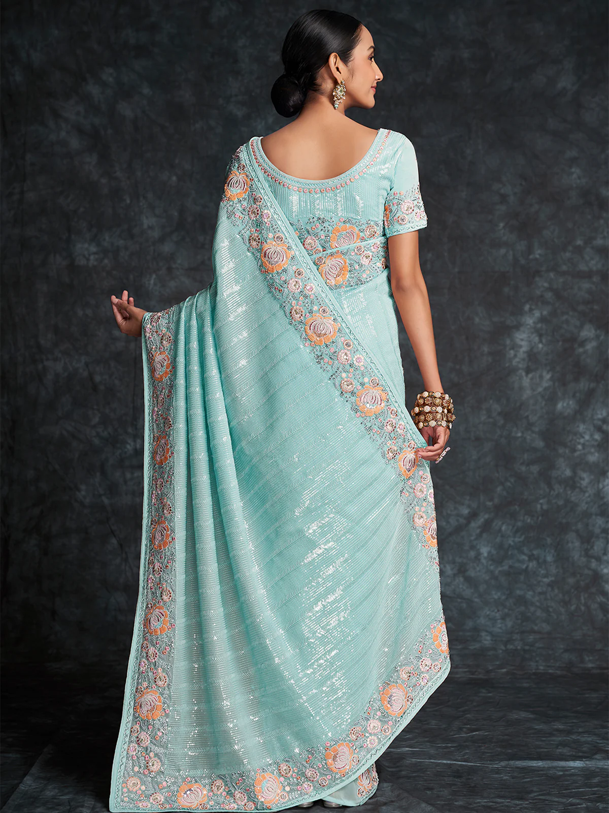 Odette Sea Green Embroidered Georgette Saree With Unstitched Blouse For Women - Image 4
