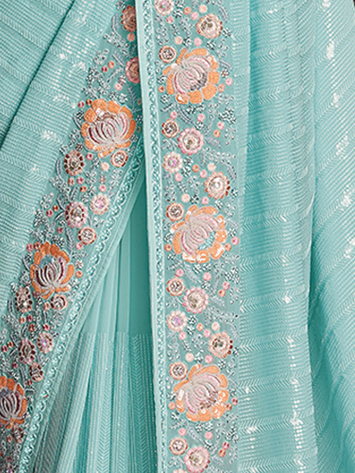 Odette Sea Green Embroidered Georgette Saree With Unstitched Blouse For Women - Image 8