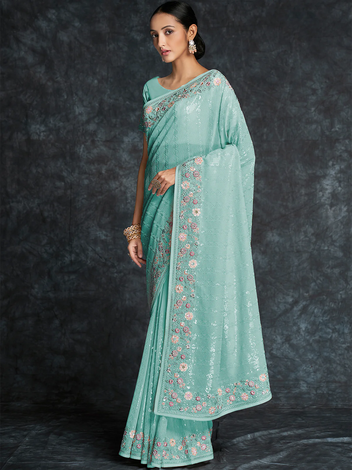 Odette Blue Embroidered Georgette Saree With Unstitched Blouse For Women - Image 2