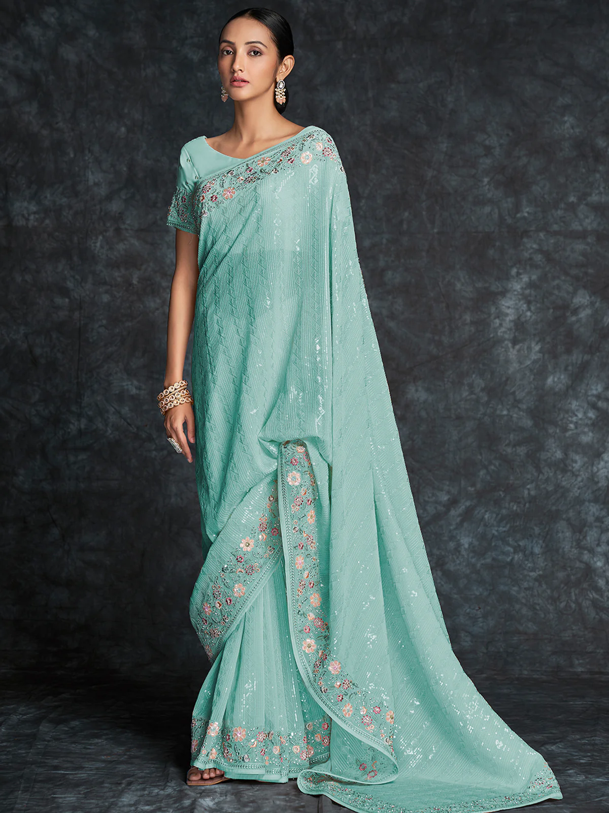 Odette Blue Embroidered Georgette Saree With Unstitched Blouse For Women - Image 3