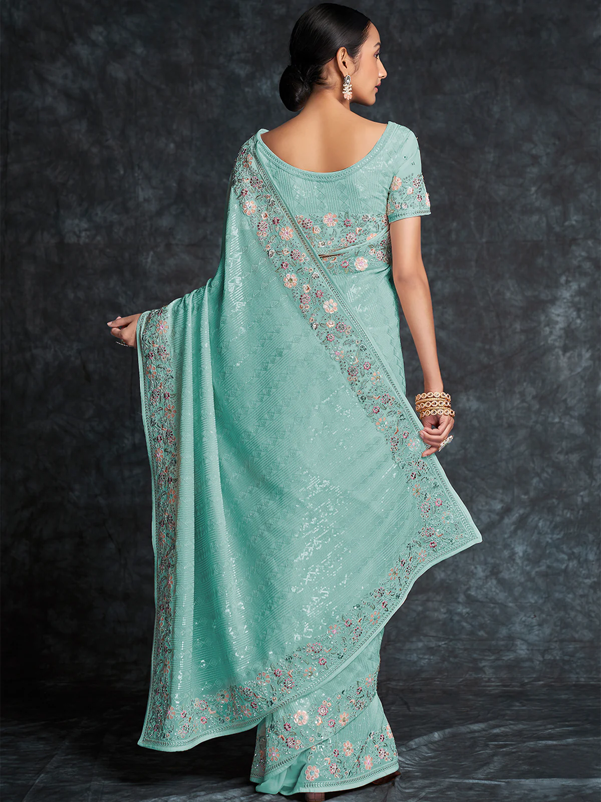 Odette Blue Embroidered Georgette Saree With Unstitched Blouse For Women - Image 4