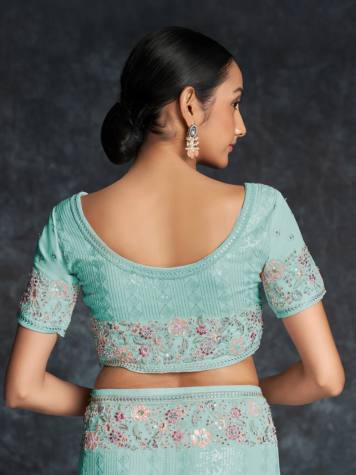 Odette Blue Embroidered Georgette Saree With Unstitched Blouse For Women - Image 7