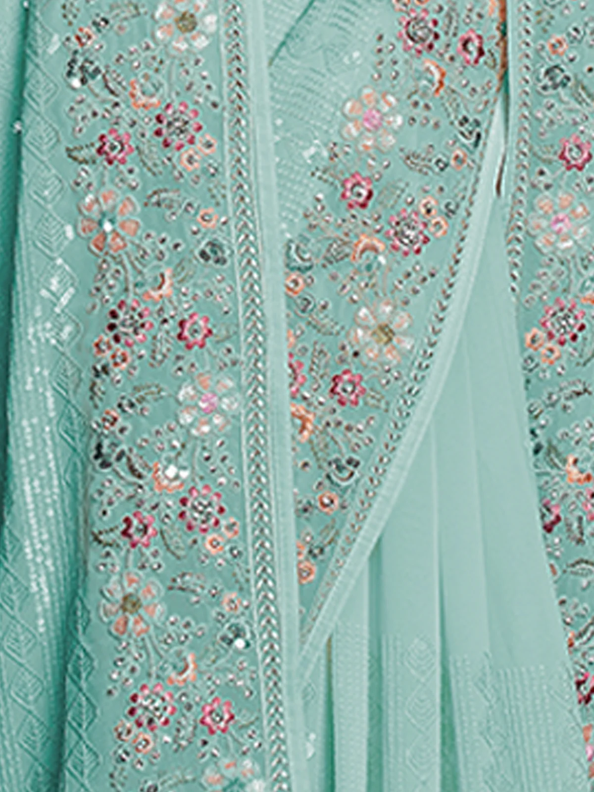 Odette Blue Embroidered Georgette Saree With Unstitched Blouse For Women - Image 8