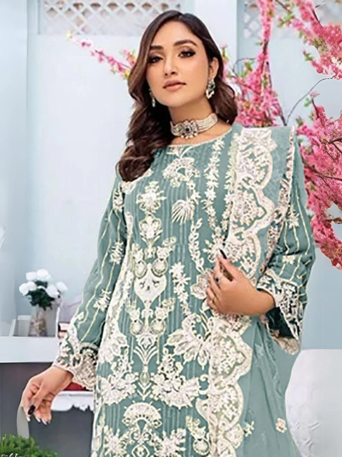 Odette Sea Green Embroidered Georgette Semi Stitched Kurta Set For Women - Image 2