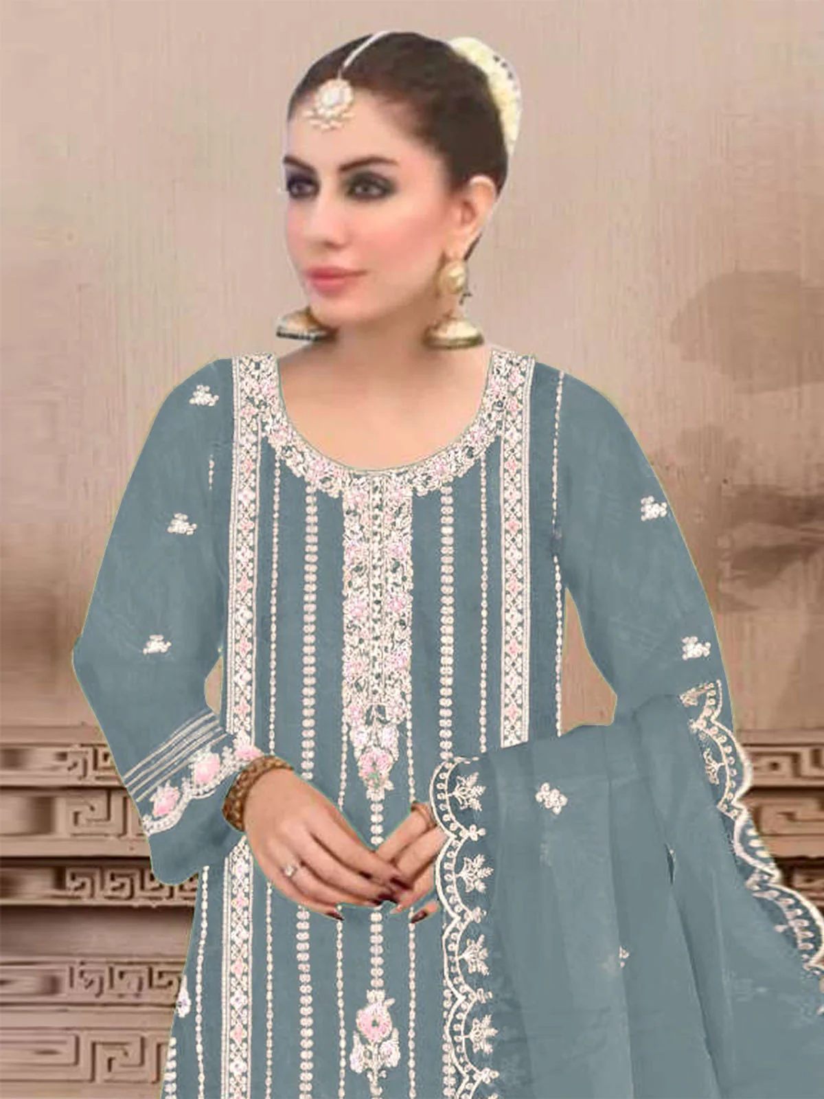 Odette Sea Green Embroidered Georgette Semi Stitched Kurta Set With Dupatta For Women - Image 2