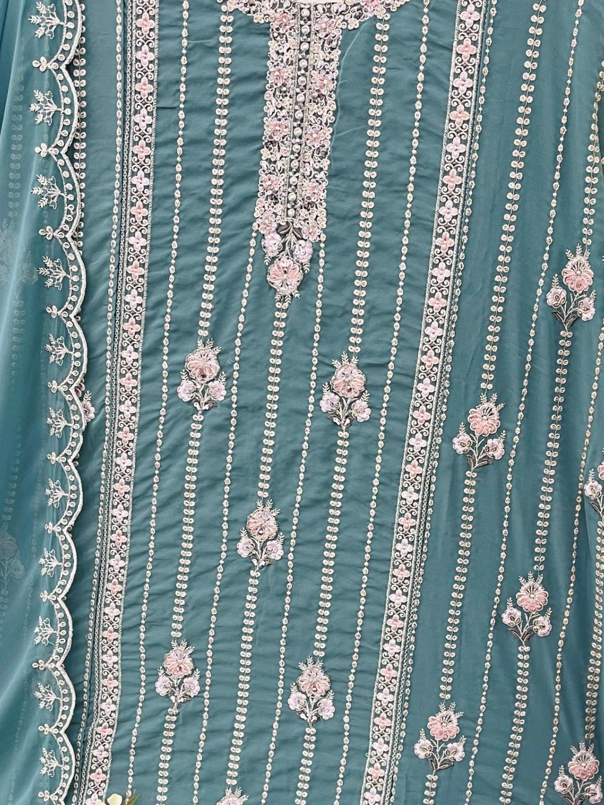 Odette Sea Green Embroidered Georgette Semi Stitched Kurta Set With Dupatta For Women - Image 3